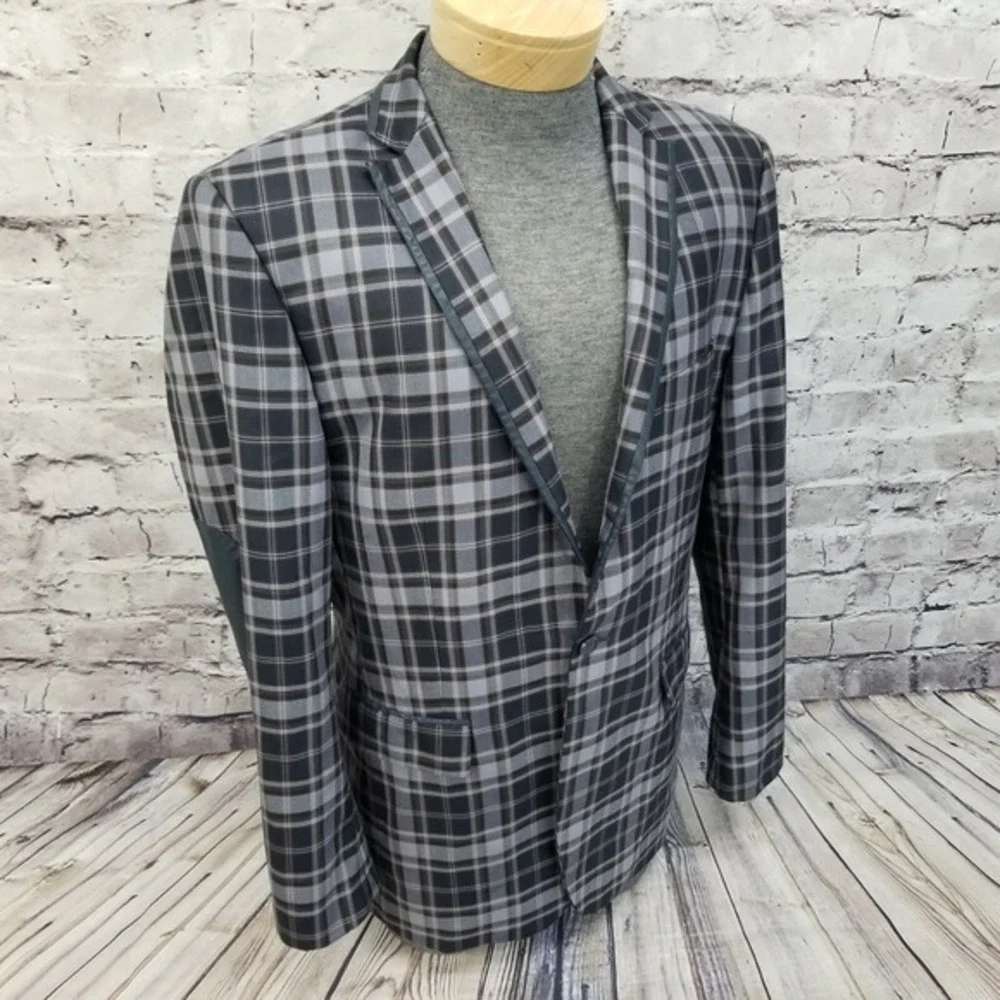 Lanzino Mens Plaid Blazer Navy Gray Elbow Patches Trim Two Button XL Windowpane‎